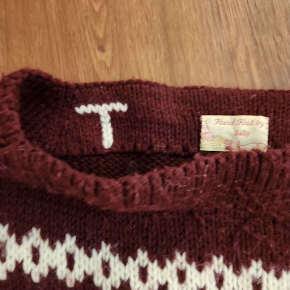 Hand Knit Unisex Pullover Sweater,  Cranberry with White Fair Isle Design - Picture 6 of 7